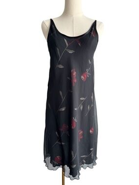Vintage 90s Black Sheer Floral Slip Dress Sz S Red Roses Grunge Goth Witchy EUC